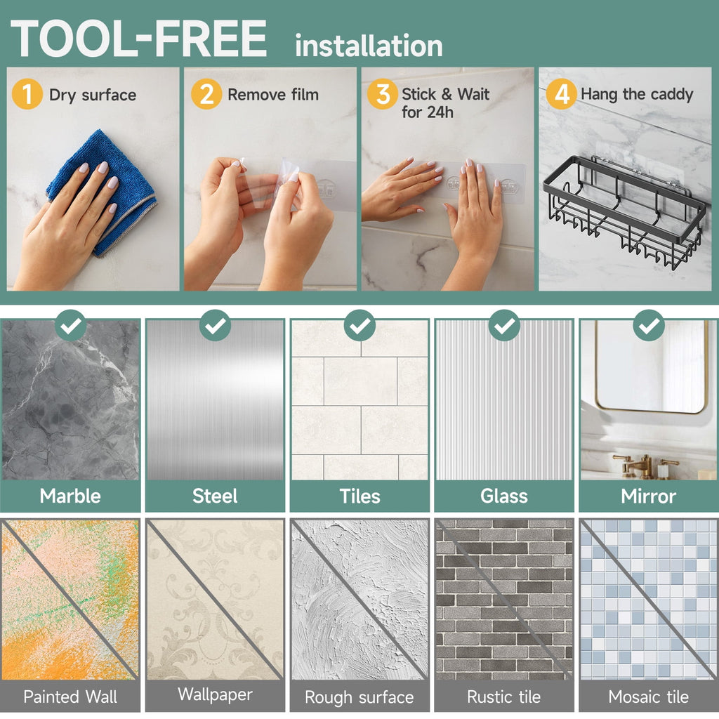 Ophanie Adhesive Shower Caddy 6 Pack, Large Capacity Bathroom Organizers and Storage, No Drilling Wall-Mounted Basket, Black