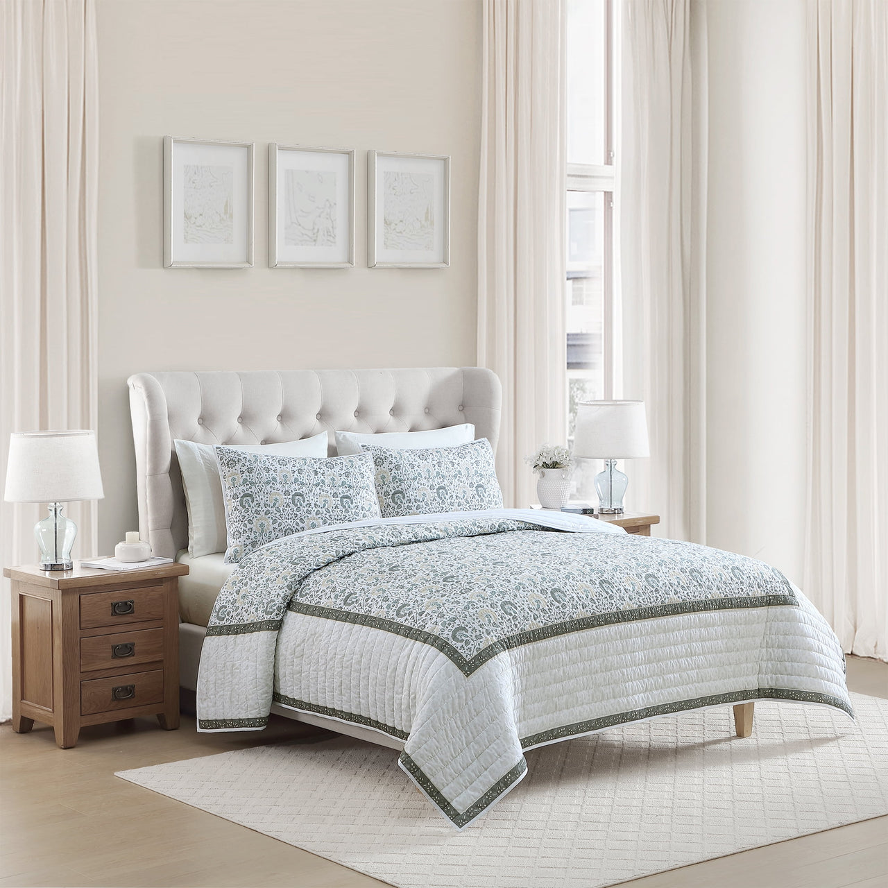 My Texas House Full/Queen Quilt Set, All-Season, 3-Piece, Sage Capri Jacobean Floral