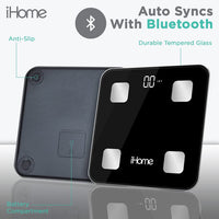 iHome Smart Bluetooth Digital Battery Powered Bathroom Scale, Body Weight & BMI Weighing 397 lbs with Fit+ Personal Coach App, FSA and HSA Eligible, Black