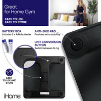 iHome Digital Battery Powered Bathroom Scale 397 lbs with Fit+ Personal Coach App, FSA and HSA Eligible, Black