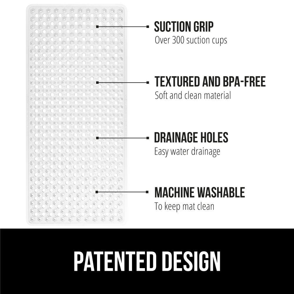 GORILLA GRIP Patented Bath Tub Shower Mat, Machine Washable Bathtub Floor Liner Mats, Suction Cups and Drain Holes to Keep Tubs Clean, Soft on Feet, Bathroom Essentials, 35x16 Inch, Clear