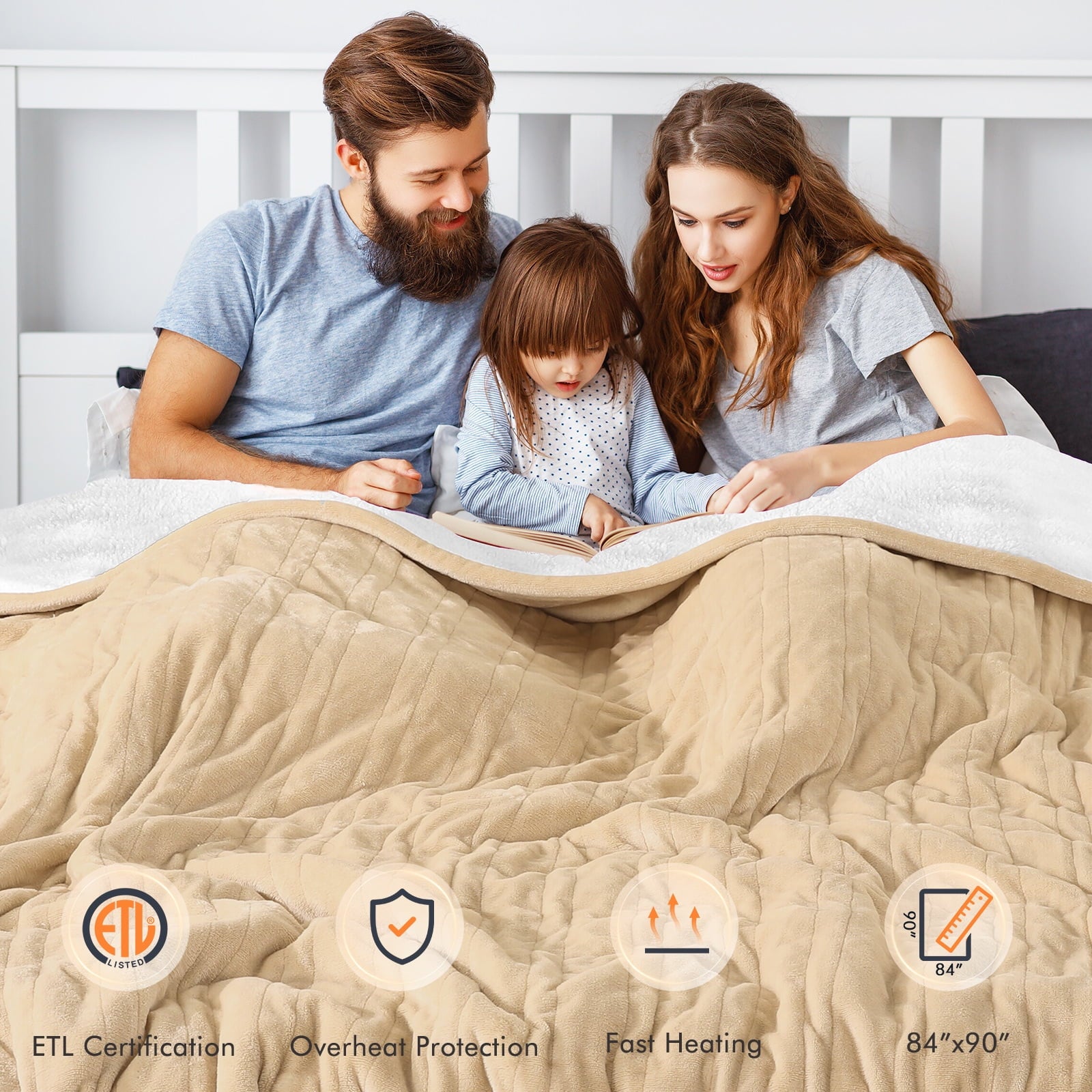 MARNUR Heated Blanket Queen Size 84''x90'', Fast Heating with Dual Controllers Electric Blanket, 10 Heating Levels, 10H Timer, Preheat Function - Beige